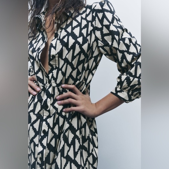 Zara Long Print Dress Black/White SzL - Picture 4 of 11